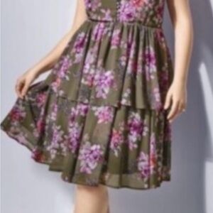 torrid Olive Green Tiered Dress with Pink Floral Print
